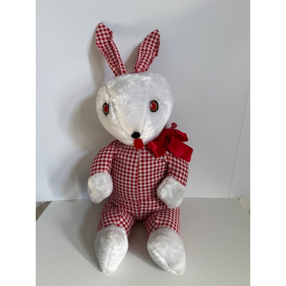 Vintage Red Gingham Plush Bunny Rabbit Stuffed Animal Red Eyes Satin Bow 1970's